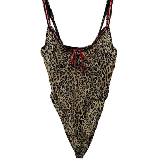 Cacique Tops - 90s VTG Cacique Mesh Leopard Teddy Lingerie 18/20 Sheer Wireless Bow Thong Back
